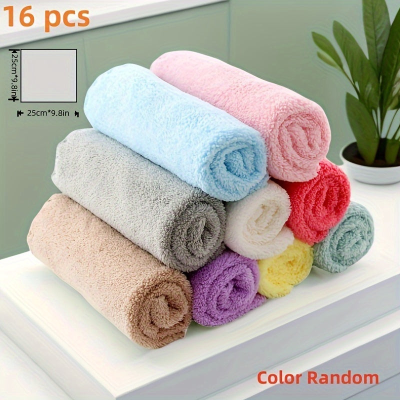 16pcs Coral Fleece Square Towels in 2 Sizes, Super Soft and Absorbent for Bathroom Use.