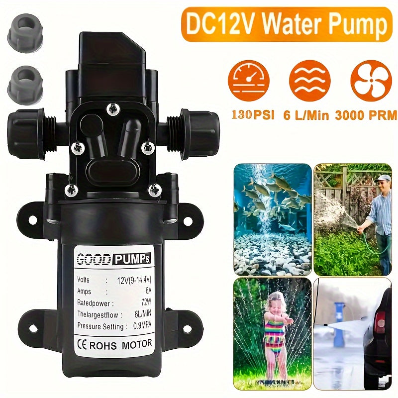 DC 12V 130PSI 1.59gal/Min High Pressure Water Pump - Self-Priming, Ideal for RVs, Boating, & Home Gardens, Easy Installation, Auto Switch.