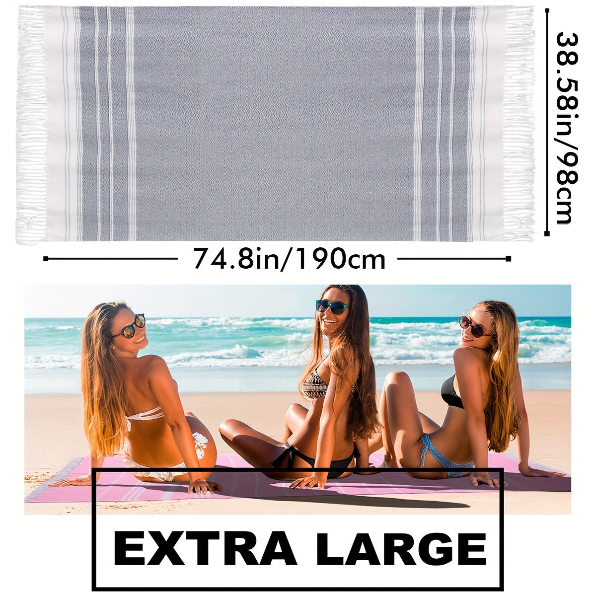 XL Turkish beach towel is quick dry, sandproof, and lightweight. Ideal for pool, swim, travel, and camping. Features tropical geometric design. Perfect gift for men, women, teachers, and beach goers.