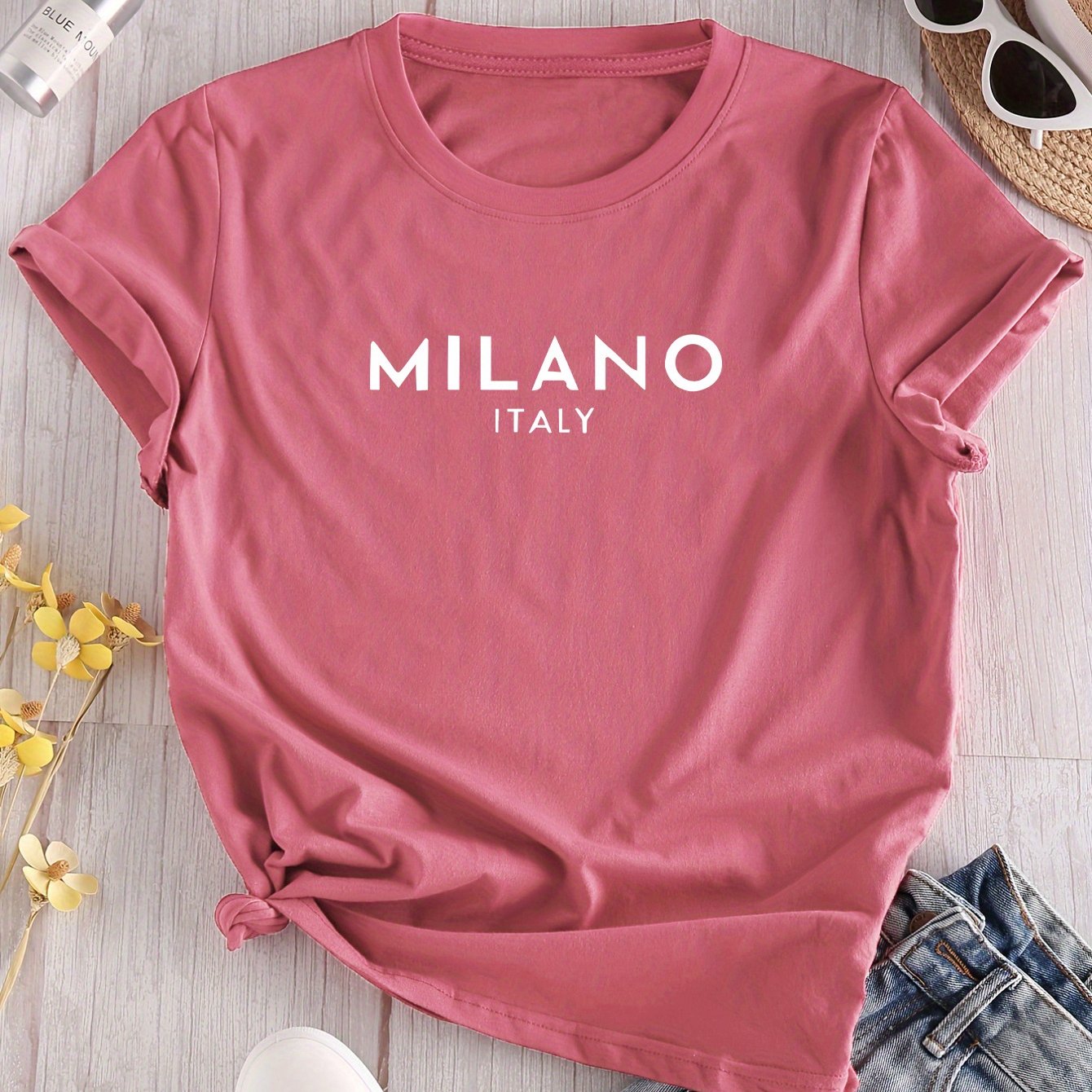 Milano Italy print women's T-shirt with short sleeves, crew neck, knit polyester blend, slight stretch - Spring/Summer/Fall collection.