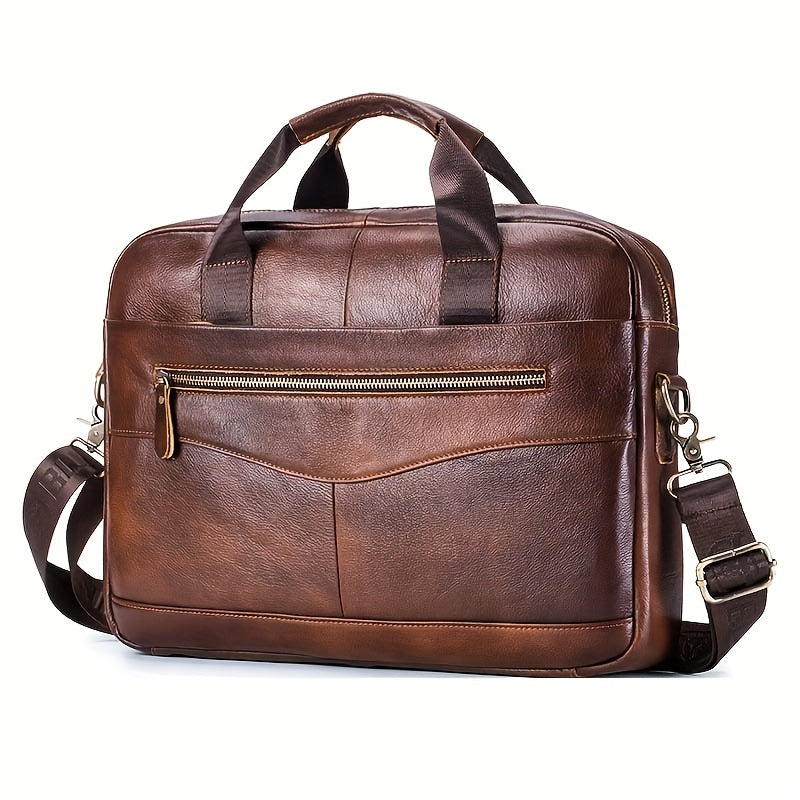 Large capacity laptop messenger bag made with genuine brown top grain cowhide leather for work and travel.