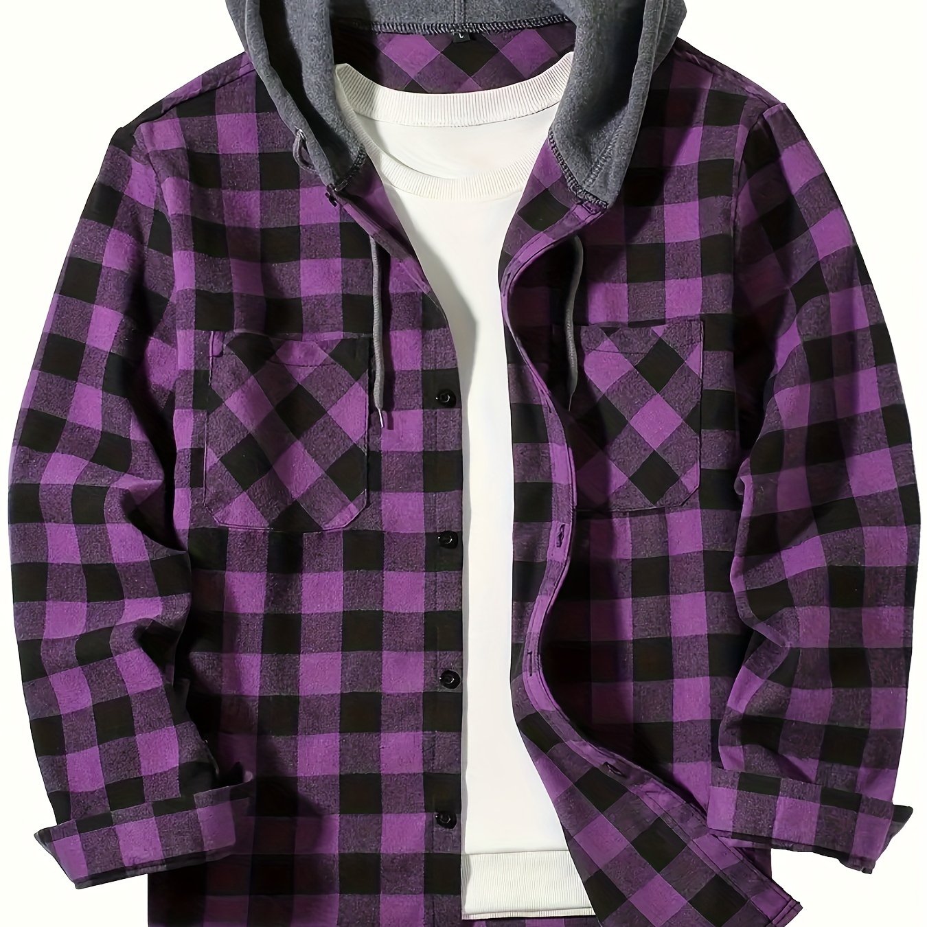 Stylish men's plaid hooded shirt with long sleeves - perfect for casual wear.