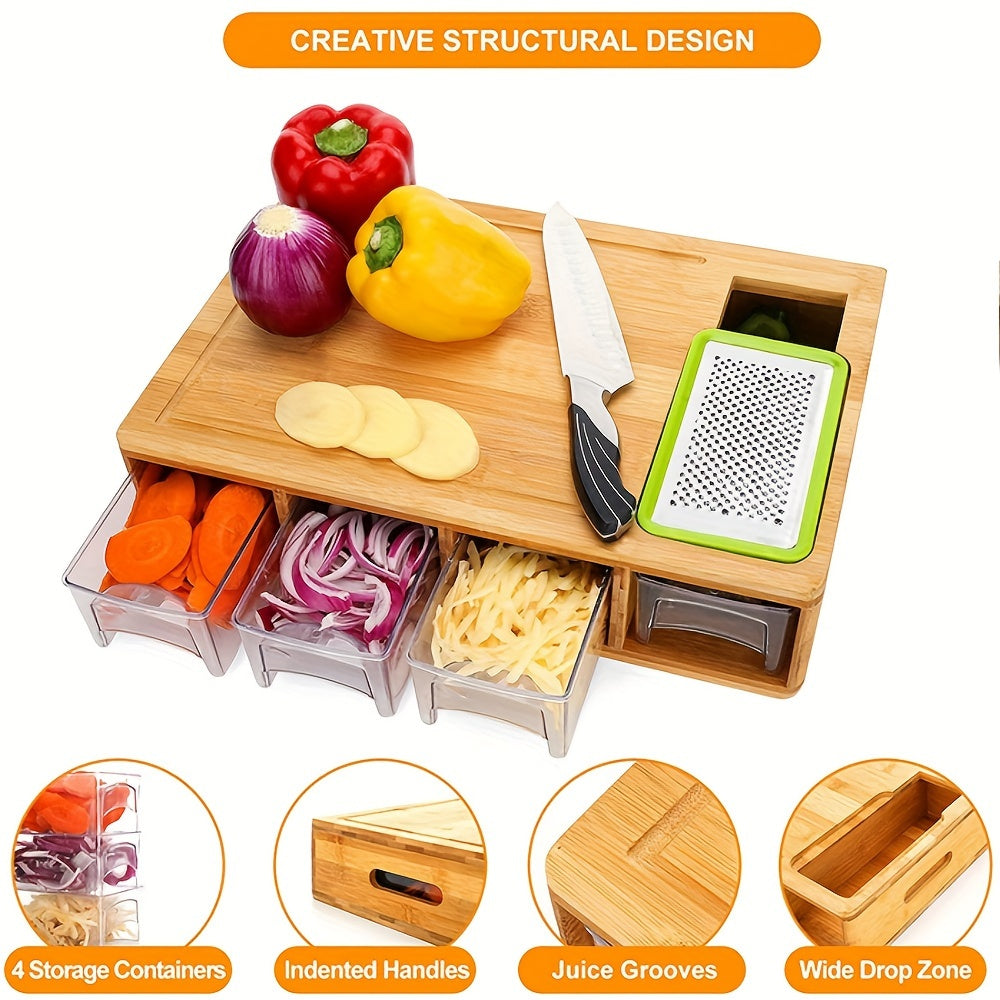 Bamboo Chopping Board with Drawer Containers, Graters, and Juice Grooves - Kitchen Organizer with Storage, Easy to Clean, Food Safe Wood Board with Handle Design