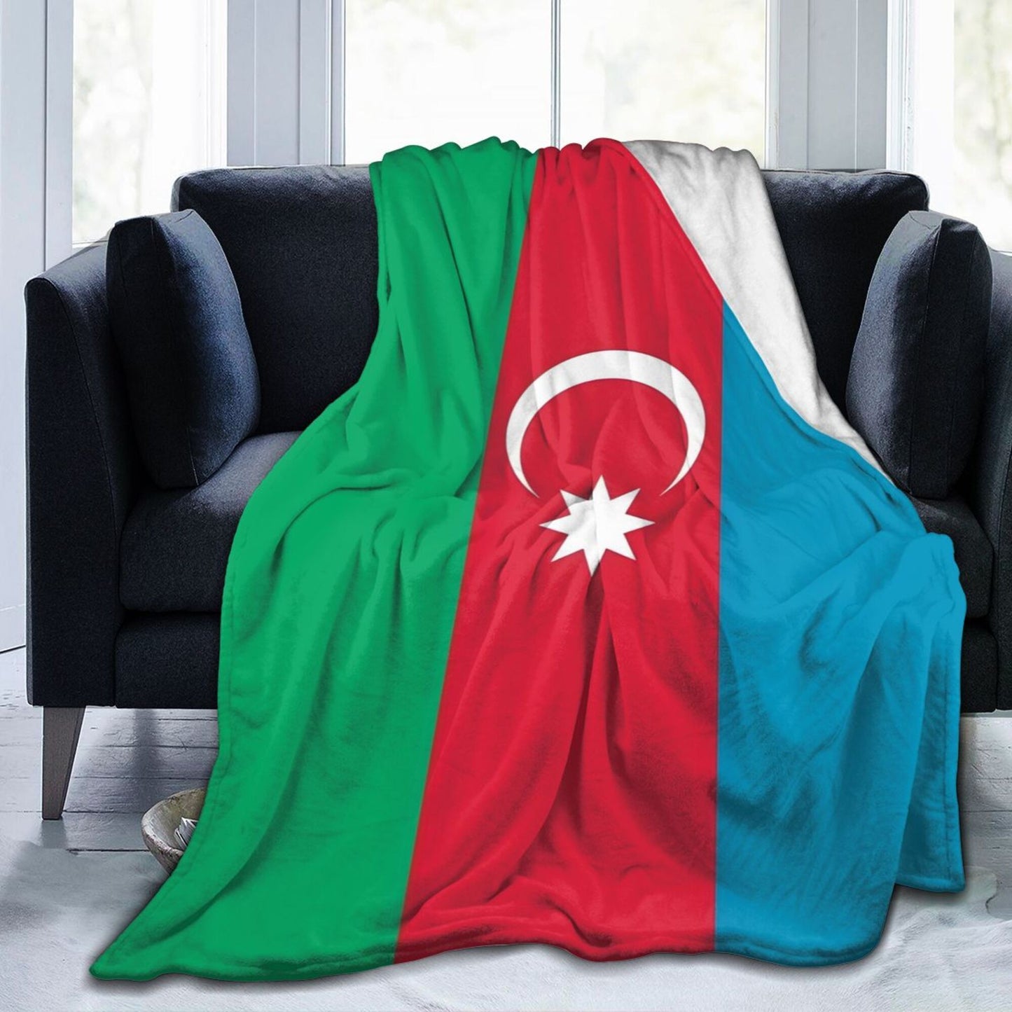 Stay cozy with this Azerbaijan Flag Flannel Throw Blanket! Perfect for all seasons, this blanket features a glamorous style with a digital print of the Azerbaijani flag. Made of non-woven polyester and weighing between 250-300gsm, this blanket is both