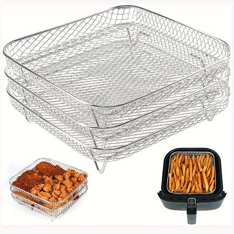 Set of 3 stackable multi-layer stainless steel dehydrator racks, set of 2 with 4 baking sticks, stackable air fryer rack, multi-purpose steaming and baking rack, cooling rack. Can be used as a dehydrator, baking rack, or deep fryer accessory. Perfect as