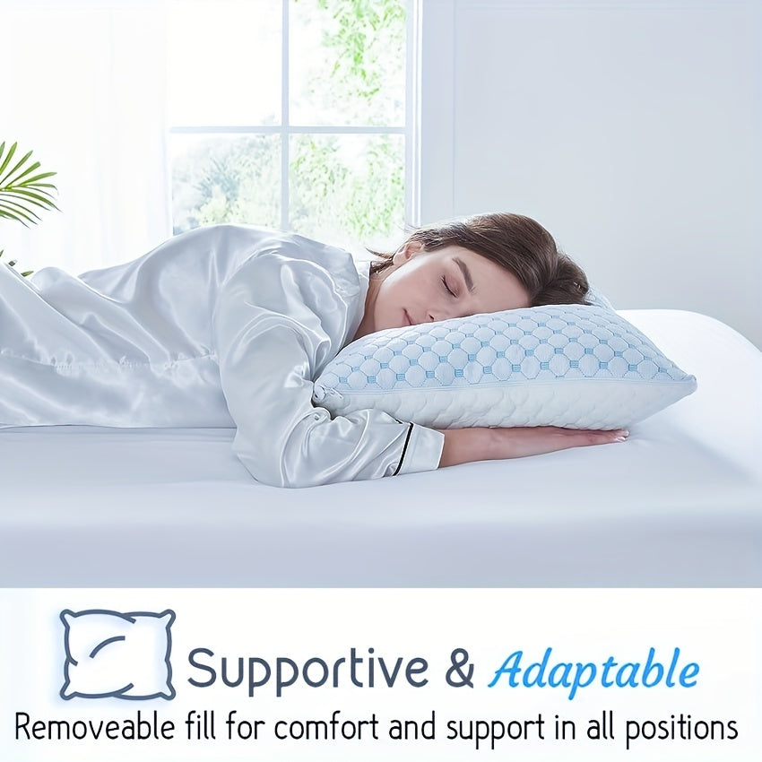 Adjustable Cooling Memory Foam Pillow with Ice Silk & Bamboo Fiber, Washable Cover, Quilted Design - Ideal for All Sleep Styles, Allergy-Friendly, Blue & White Color Cooling Pillow