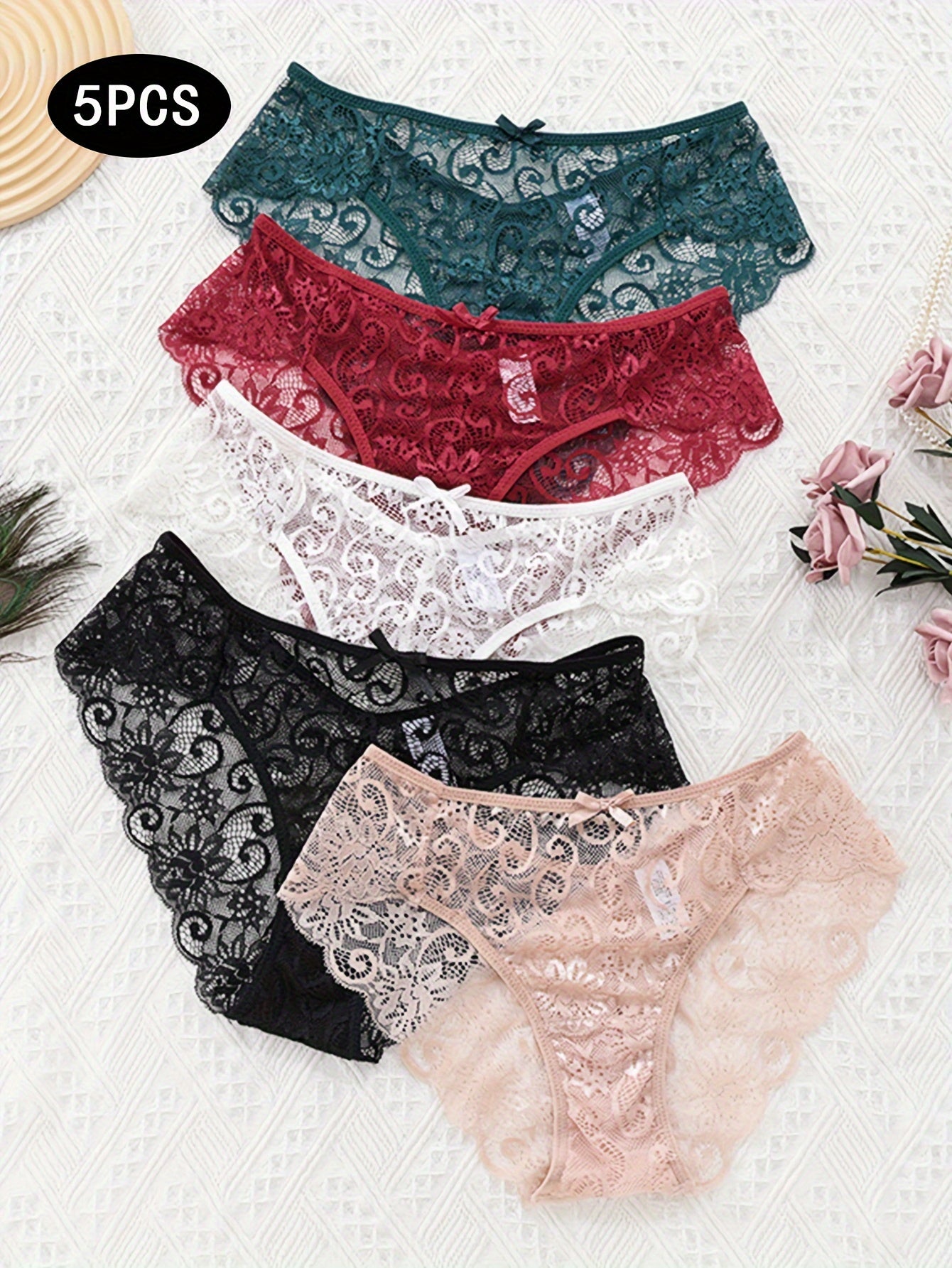 Set of five sexy lace hollow waist briefs for women.