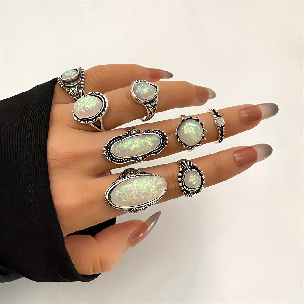 Collection of 39 pieces of stylish bohemian stacked rings for women in retro fashion.