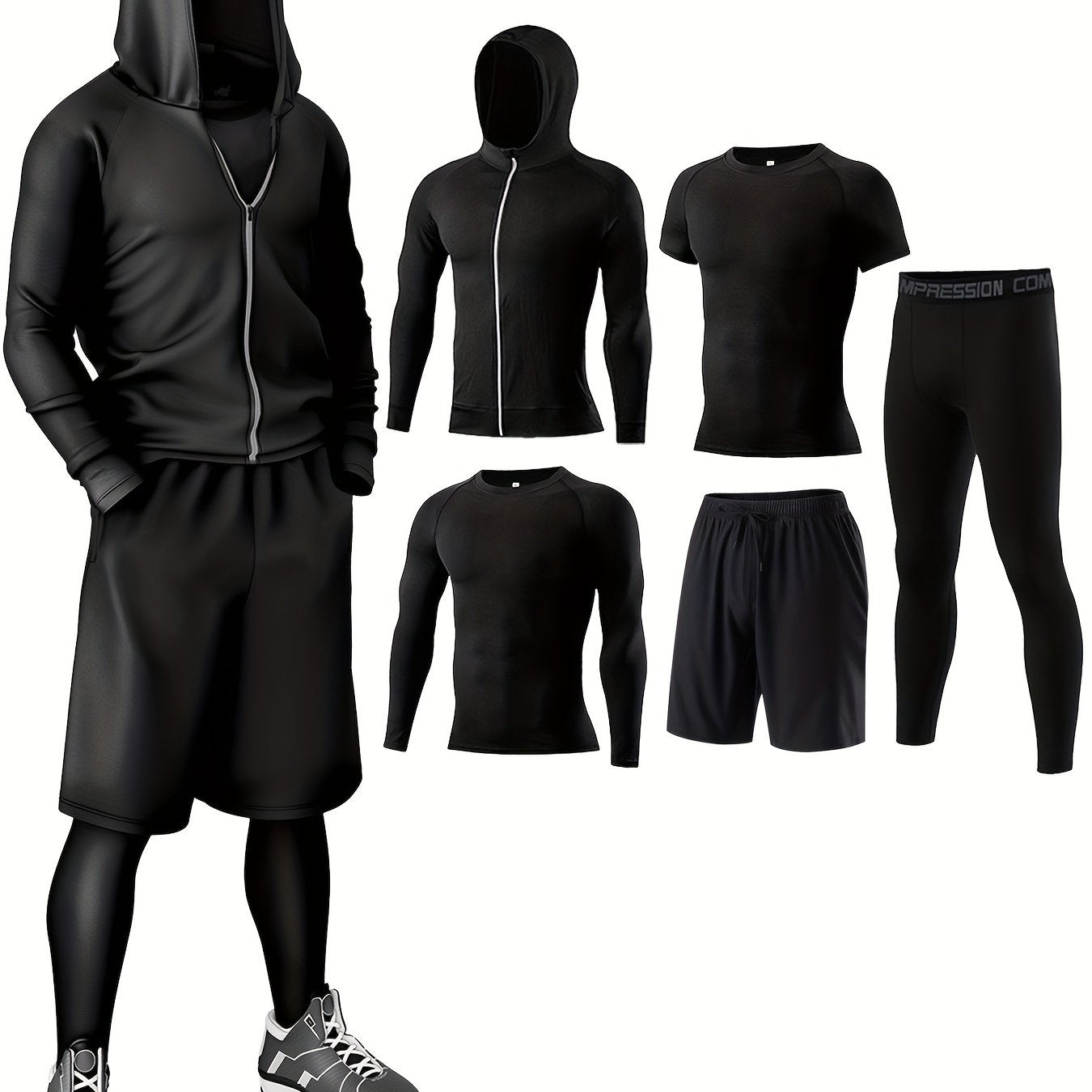 5-piece athletic sportswear set made of quick-dry knit polyester and elastane blend for all-season wear. Includes hoodie, t-shirts, shorts, and pants for various activities like running