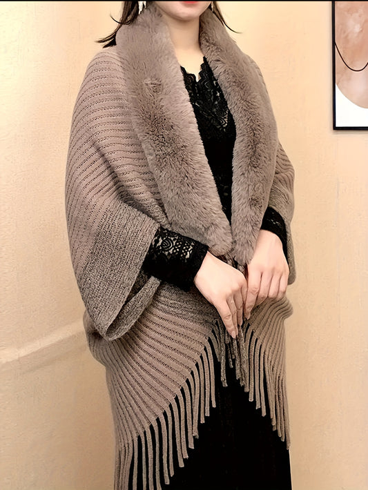 Stylish asymmetrical shawl with faux fur collar, perfect for daily wear and parties in all seasons.