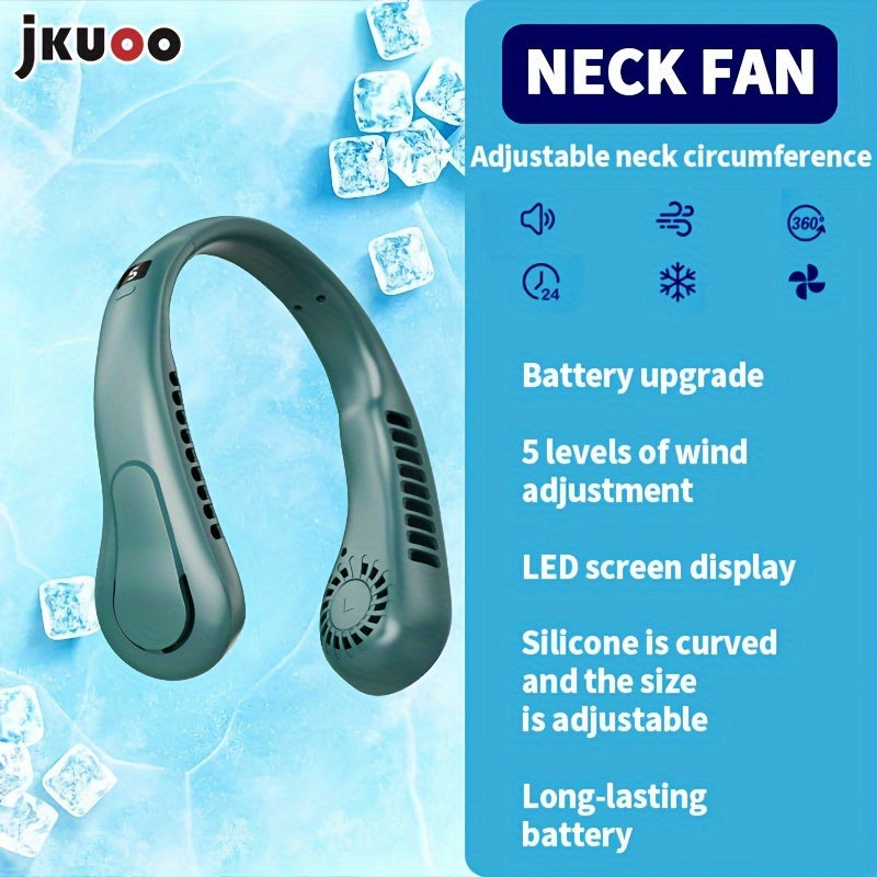 Top Pick: JKUOO Ultra-Quiet Neck Fan - Rechargeable via USB, 5-Speed Adjustments, Rapid Cooling with Comfortable Silicone Handle, Ideal for Home, Work, Travel, and Exercise