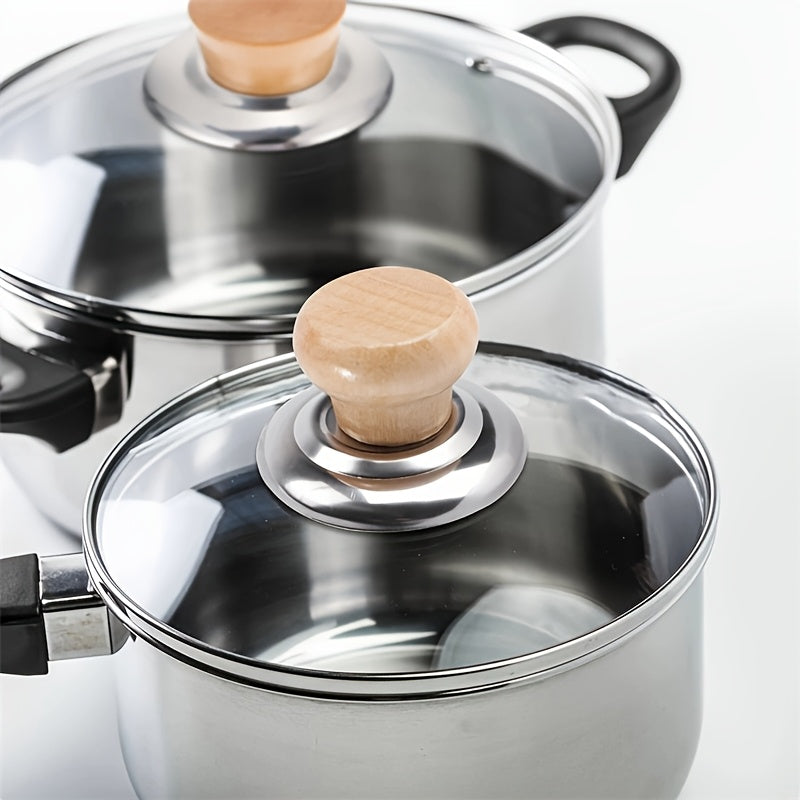 Set of 4 Stainless Steel Pot Lid Handles with Wooden Knob, Single-Hole Kitchen Cover Cap Accessory, Heat-Resistant Cookware Tops - No Electricity Required for Kitchen Use