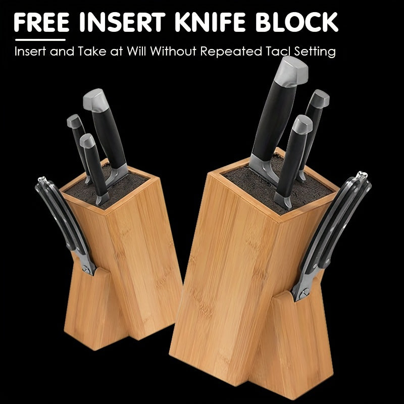 Bamboo Knife Stand featuring a PP Core, Universal Freedom Insert, Easily Removable and Cleanable, Suitable for Various Knife Sizes, Aesthetic Addition to Kitchen and Dining Area