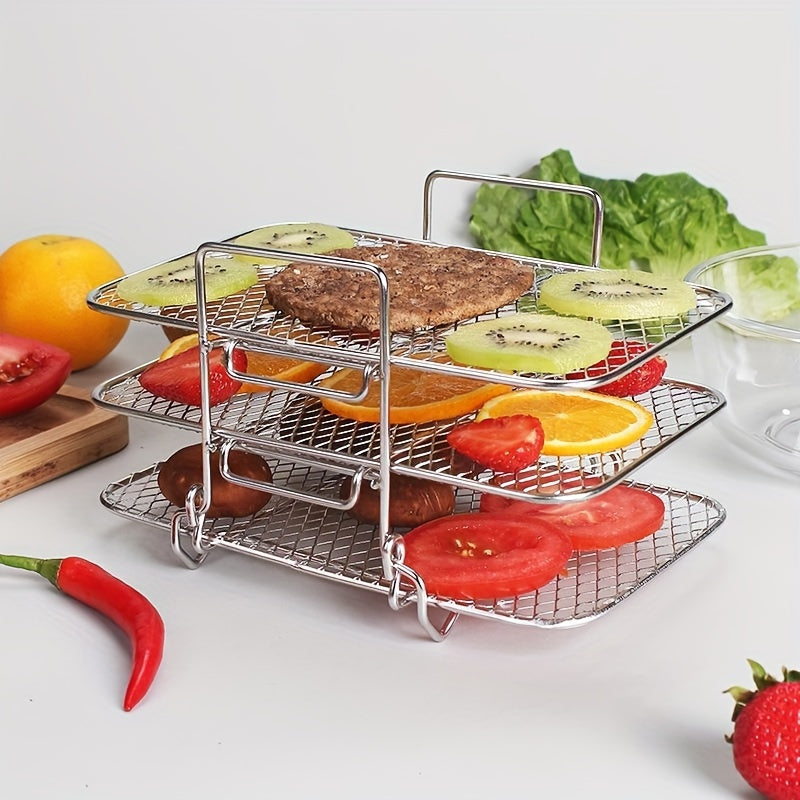 Enhanced Air Fryer Rack made of stainless steel, featuring a multi-tier dehydrator stand with a sleek, tight mesh and curved design. Easily stackable and removable, compatible with NINJA Fryers. Includes an oil brush for added convenience.