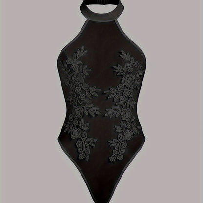 Sheer mesh & embroidered floral bodysuit, high-waisted, hand washable, lingerie set for women.