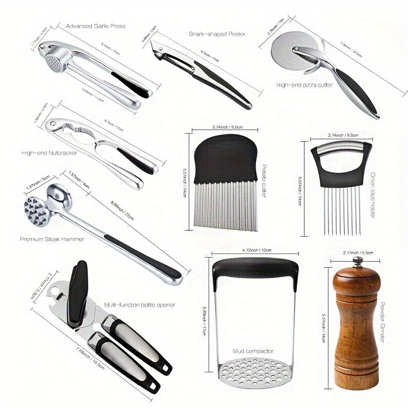 Get the Ultimate Kitchen Gadgets Set for the holidays, including a Garlic Press, Can Opener, Walnut Clip, Pizza Cutter, Steak Mallet, Potato Cutter, Grinder, and more! Perfect for Christmas and ideal for Thanksgiving dinners.