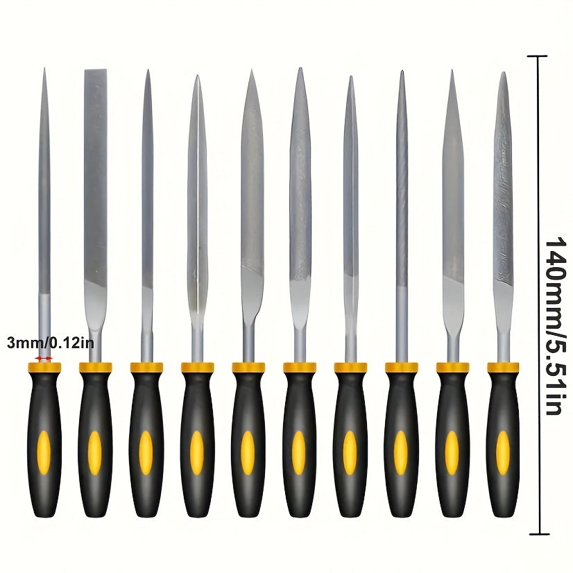 Set of 5 or 10 metal needle files made of hardened alloy steel, featuring various file shapes with durable plastic handles; no electricity or battery required.