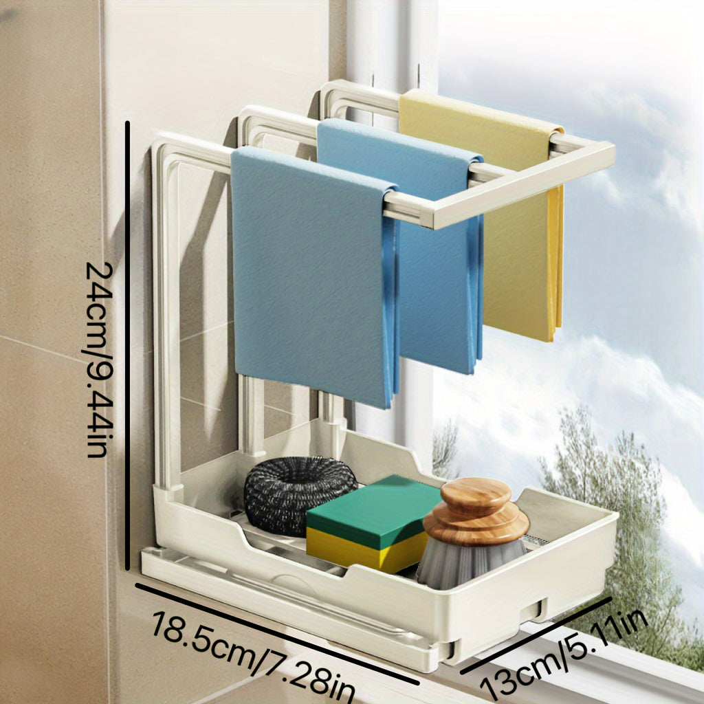 Durable wall-mounted dish cloth and sponge holder with drainable shelf for kitchen and bathroom organization. Perfect for neatly storing sponges and dishcloths, keeping your countertop clutter-free. Ideal for home organization and storage.