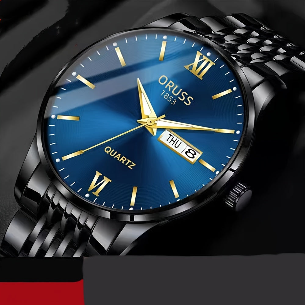 High-quality waterproof men's watch with glow-in-the-dark features and a calendar, perfect for the modern man looking to stay on trend in 2022. This steel watch is a stylish and practical gift option.