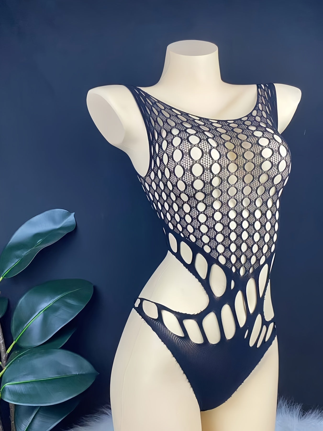 Nylon bodysuit with hook knit cutout design and tight fit for adult women's sexy streetwear.