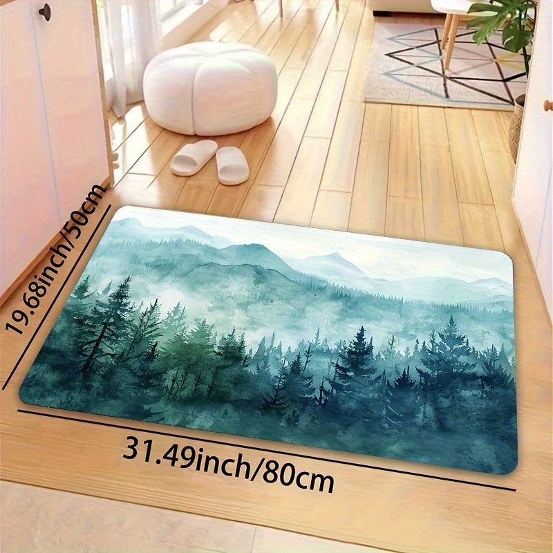 Forest Big Mountain Pattern Bathroom Carpet with Foam Cushion and Skid-Proof Bottom for Kitchen, Living Room, Bedroom, and Indoor Spaces. Machine Washable Entrance Doormat for Home Decor.