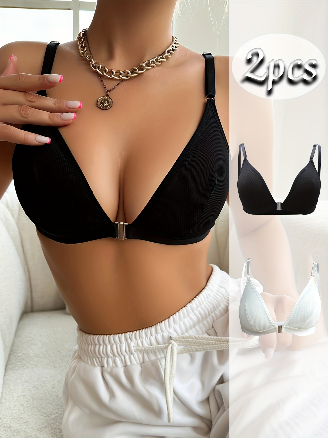 2-Pack Elegant Polyester Push Up Bras for Women - High Support, Solid Color, Knit Fabric, Wireless, No Padding in Black and White