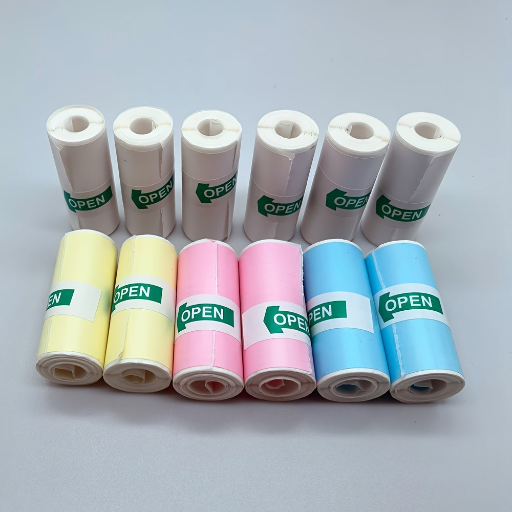 12 Rolls Mini Thermal Printer Paper with 6 color thermal stickers and 6 white thermal paper for mini portable printers, 57X25mm, suitable for mini thermal printers.