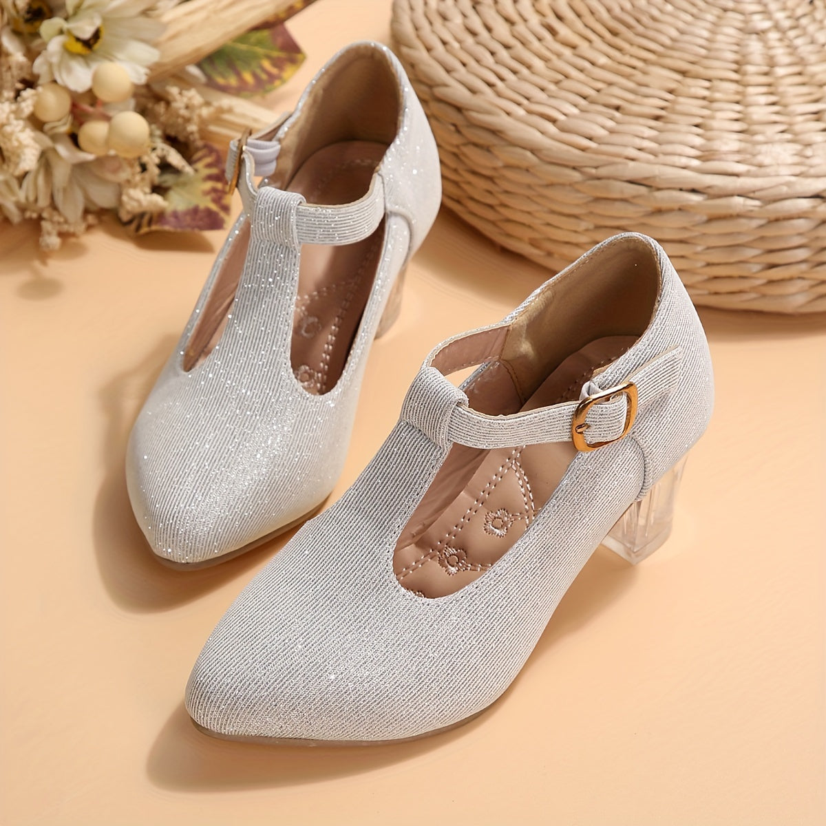 New Crystal Embroidered Flower High-heeled Shoes for Women and Children in Spring and Autumn.