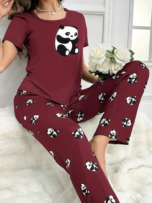 Women's sleepwear set with cute panda print, short sleeve top, and elastic pants.