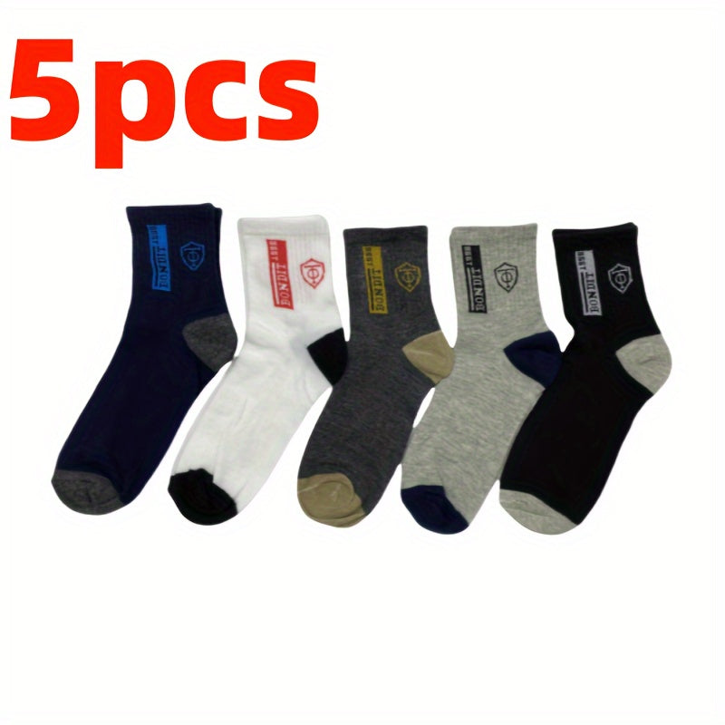 5 Men's Stylish Crew Socks - Comfortable, Soft, Durable, Ribbed Cuffs, Perfect for All Seasons, Black & Blue Shield Design