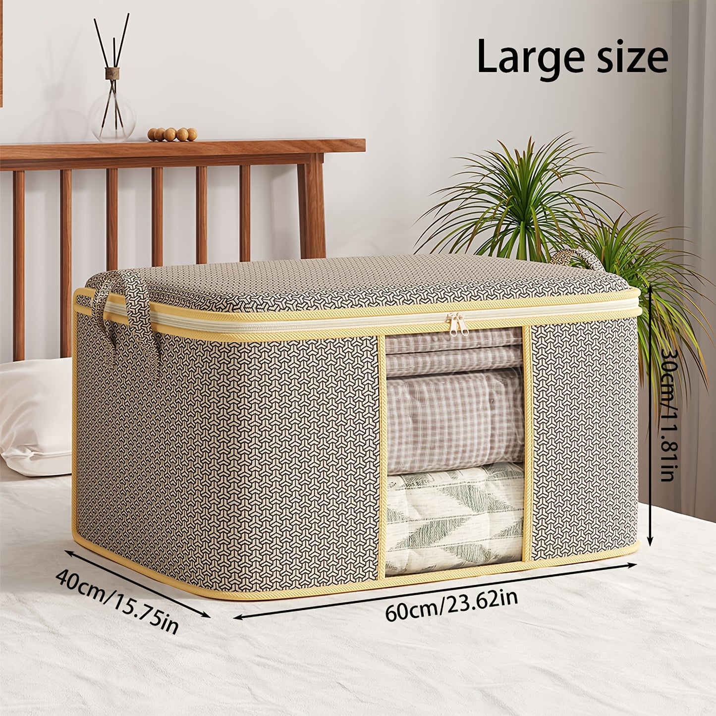 1 Extra-Large Foldable Storage Bag made of Non-Woven Fabric with Reinforced Handles, Durable Zipper and Clear Window. Ideal for Clothes, Blankets & Bedding with under 3.2 Cubic Feet