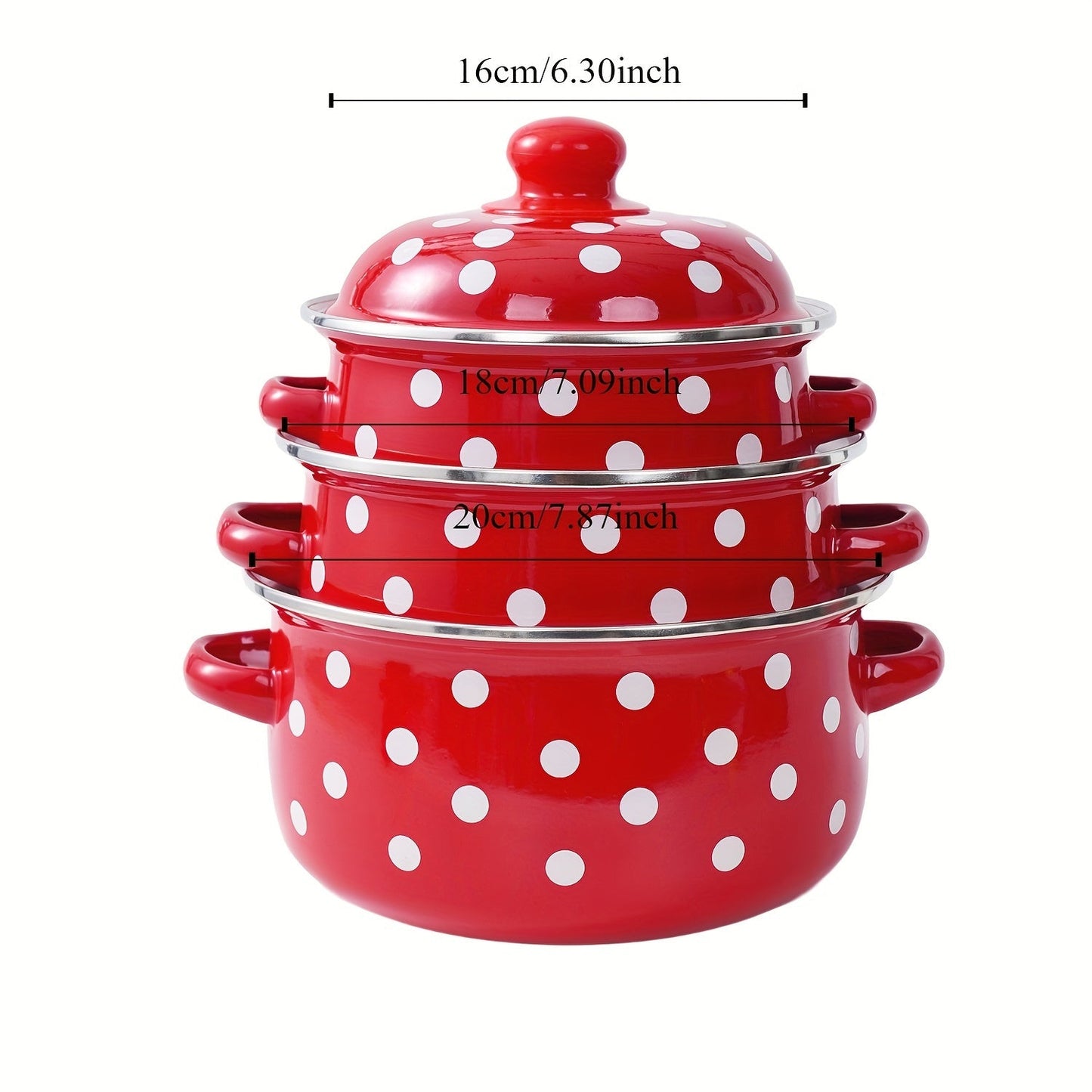 Enamel pot set including a soup pot, stew pot, and boiling pot for use in restaurants or home kitchens. Suitable for gas, electric stoves, and open fire cooking, but not safe for use in microwave ovens. Ideal kitchenware supplies.