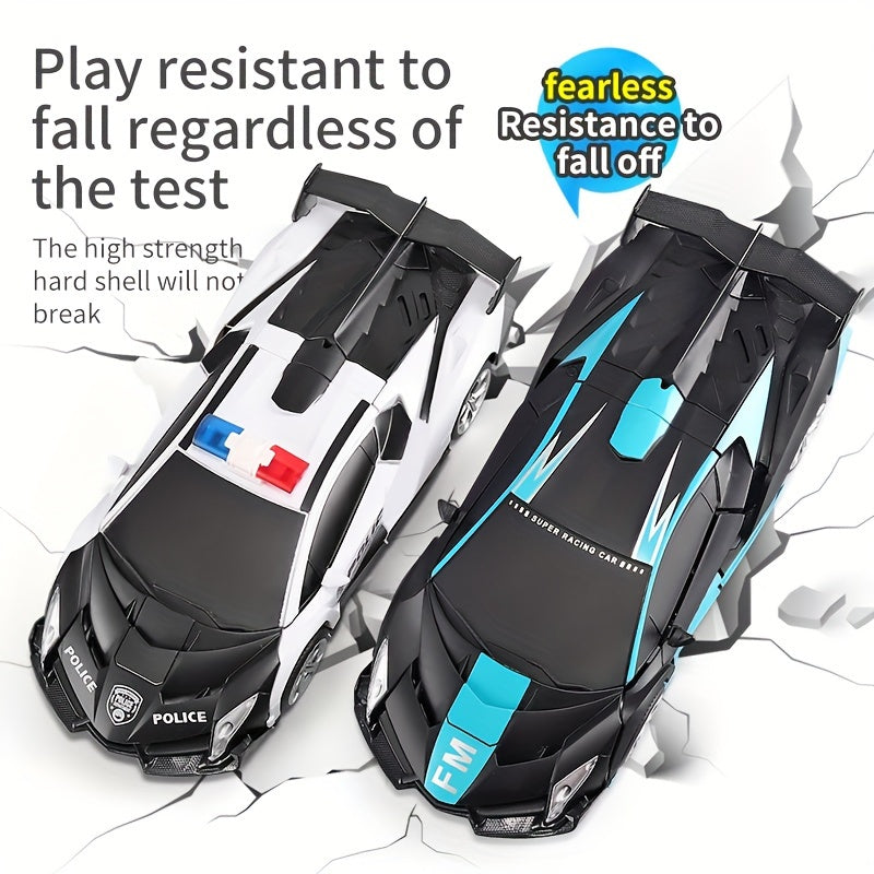 Remote control car transforms into robot, drifts 360°, with dynamic lights and USB rechargeable battery. Black and blue sports car design, great for outdoor play. Ideal birthday or holiday