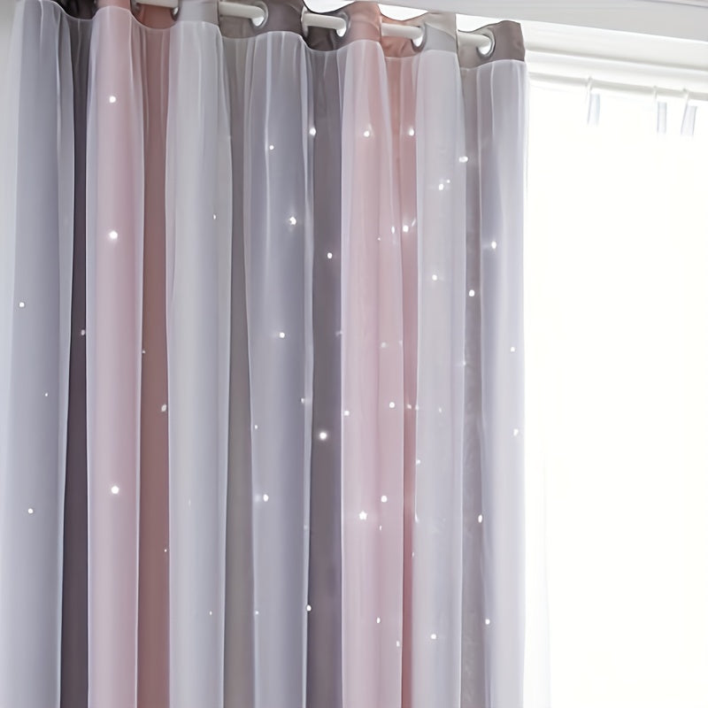 Elegant Living Room, Bedroom, and Office Decor Sheer Curtain in Gray Pink Gradient Star Fabric, Two-Layer, 1 Piece