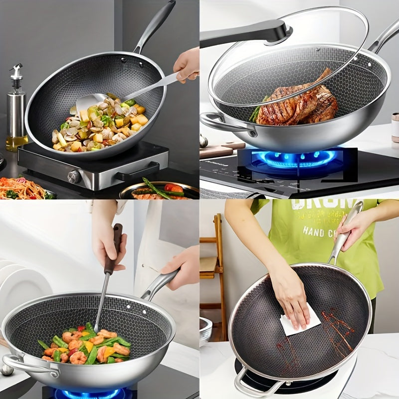 Stainless Steel Wok Pan with Glass Lid - Non-Stick, Easy to Clean, Suitable for Induction & Gas - Hand Wash Only - Includes Lid - Perfect for Cooking Fish, Eggs, Steak - Must-Have Kitchen Item