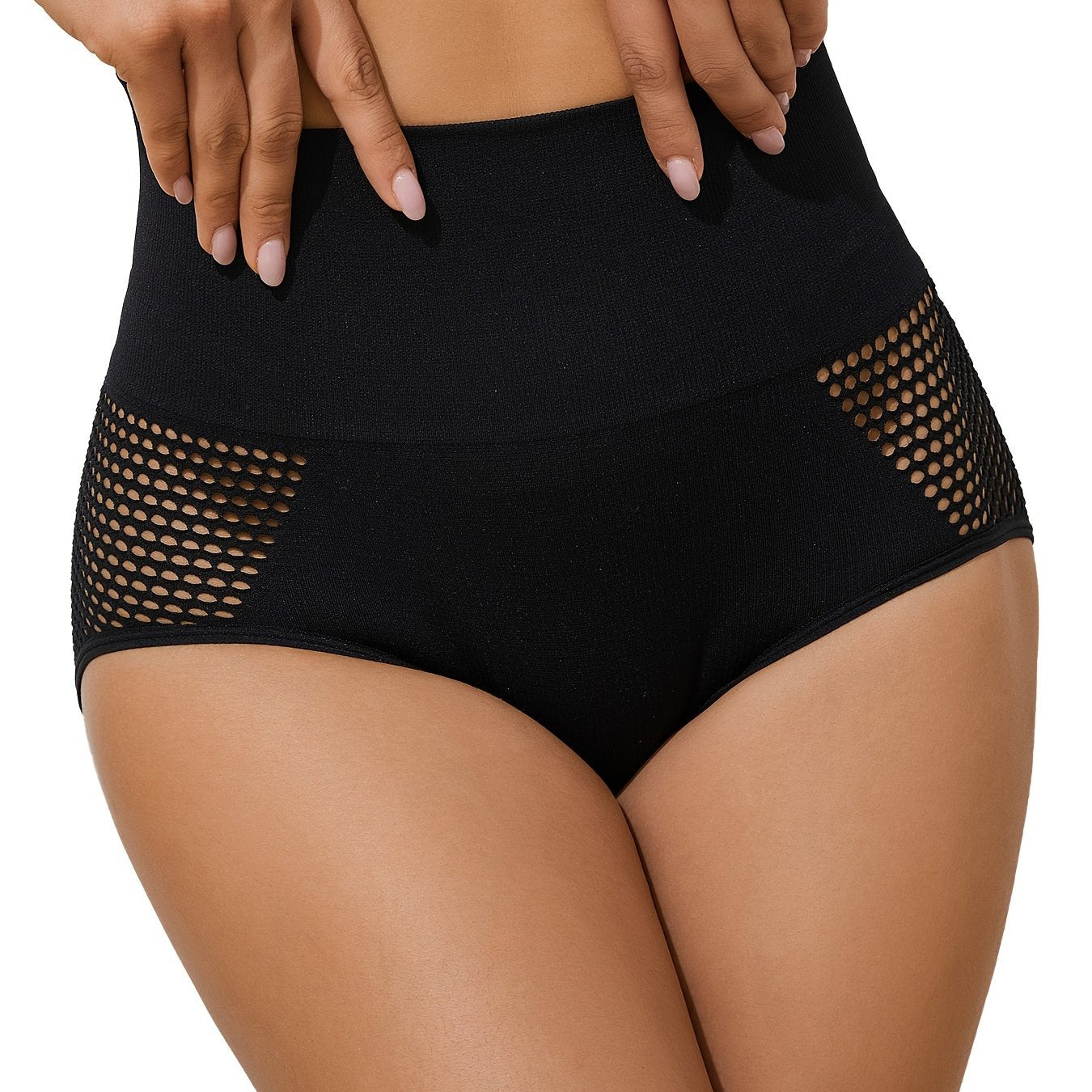 High-waisted tummy control shapewear panties with breathable mesh, perfect for postpartum body shaping. Made of 90% elastane and 10% briefs with hollow detail and knit fabric support.