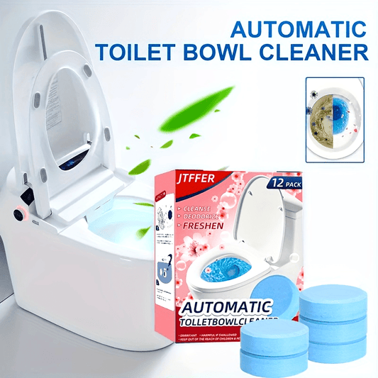 JTFFER Automatic Toilet Bowl Cleaner Tablets come in a 12-pack and are formulated with antibacterial citric acid to effectively clean and freshen ceramic surfaces. These tablets provide long-lasting freshness, deodorize, and help to break down tough