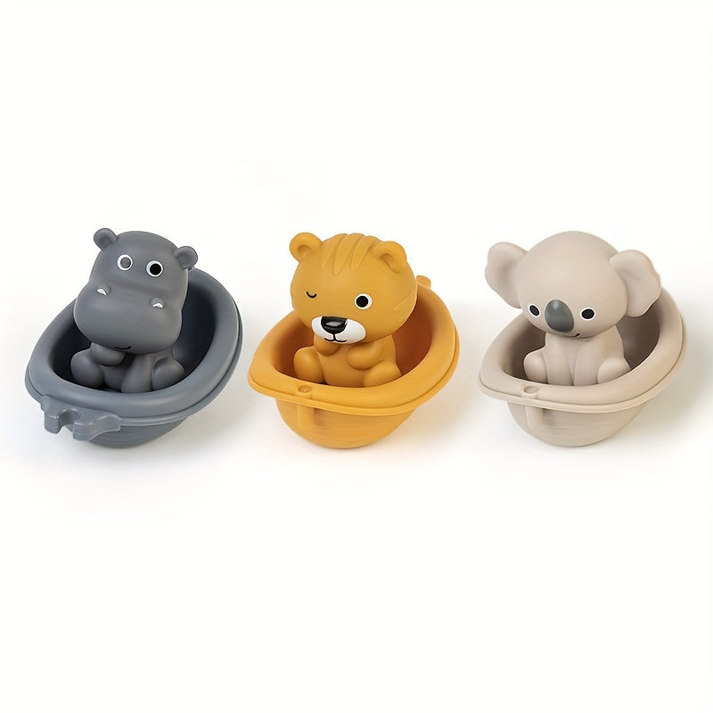 Floating boat toy for the bath, featuring animal finger covers for young children to play with in the water. Stackable and fun for youngsters.