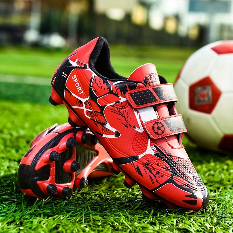 Boy's FG Football Boots with Hook & Loop Fastener, Outdoor Anti-skid Breathable Soccer Cleats