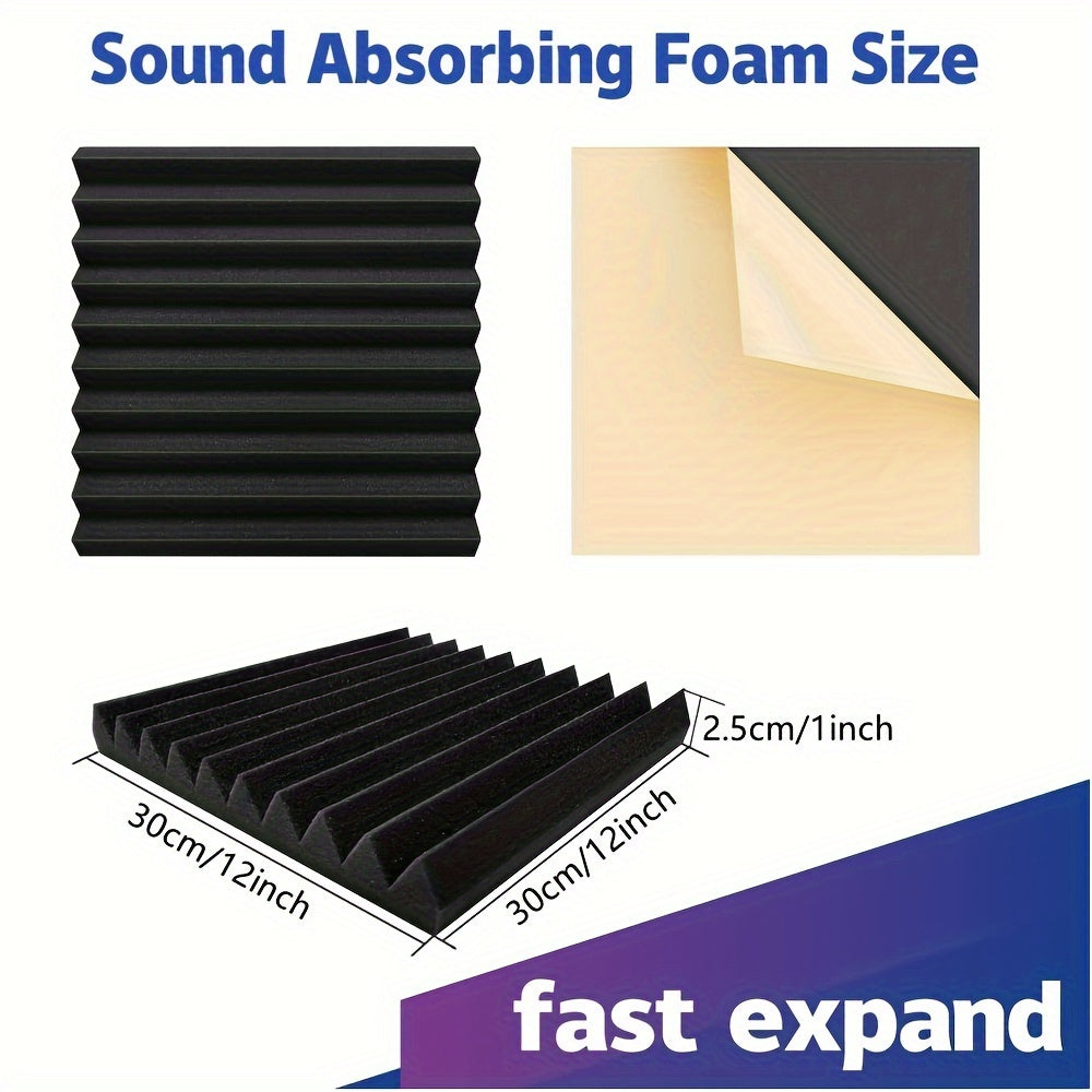 12 packs of black self-adhesive acoustic foam panels, high-density 25kg/m3, 1'' X 12'' X 12'', fire resistant, for sound proofing in KTV, bar, studio.