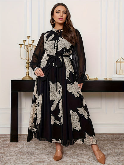 Plus size chiffon dress with floral print, lantern sleeves, A-line silhouette, tie waist detail, and mid-length, made of polyester for spring/autumn wear.