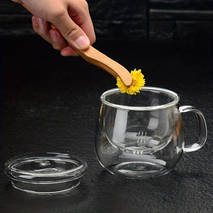 Glass tea cup with infuser, lid, and strainer, holds 380ml/12.85oz. Suitable for various drinks like lemon juice, water, tea, coffee, and fruit juice, perfect for all seasons.