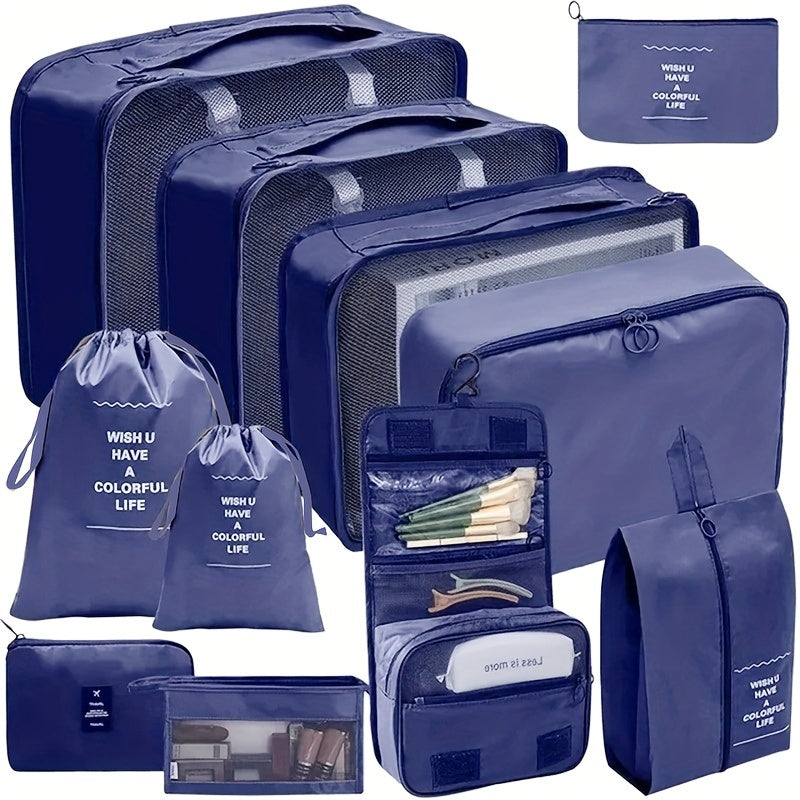 11-piece set of hanging cosmetic bags made of nylon for organizing travel essentials.