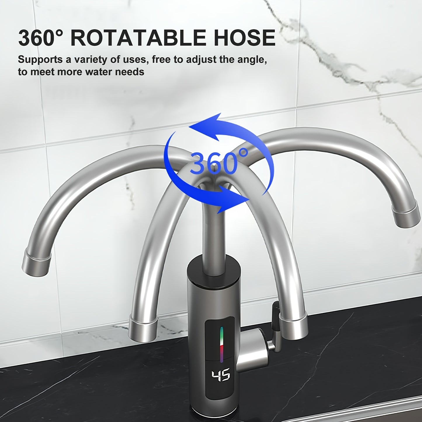 Sleek stainless steel hot water tap with LED display, 3000W power, overheat protection, dual hot/cold mode, ideal for kitchen & bathroom, European plug included.