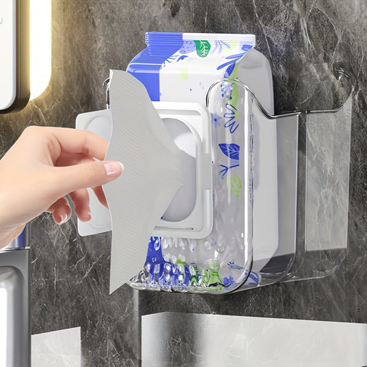 Wall-mounted tissue holder box for wet wipes, no-drill organizer for bathroom or kitchen.