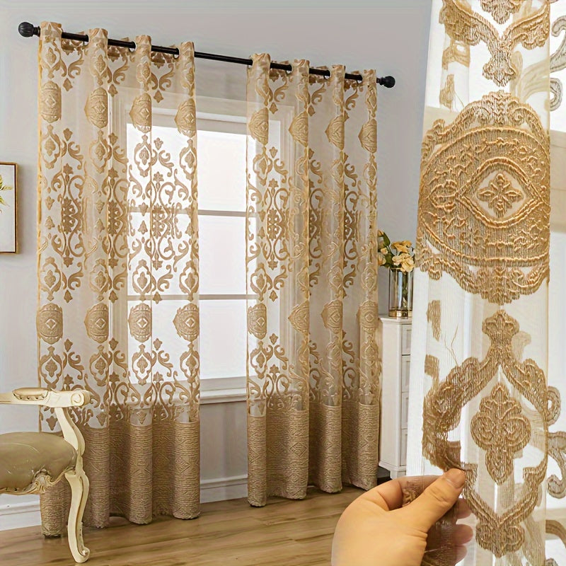 Set of 2 European-inspired Golden Jacquard Curtains with Grommet Top, perfect for adding a touch of elegance to your Living Room, Bedroom, Study, Dining Room, Balcony, Office, and other areas of your home.