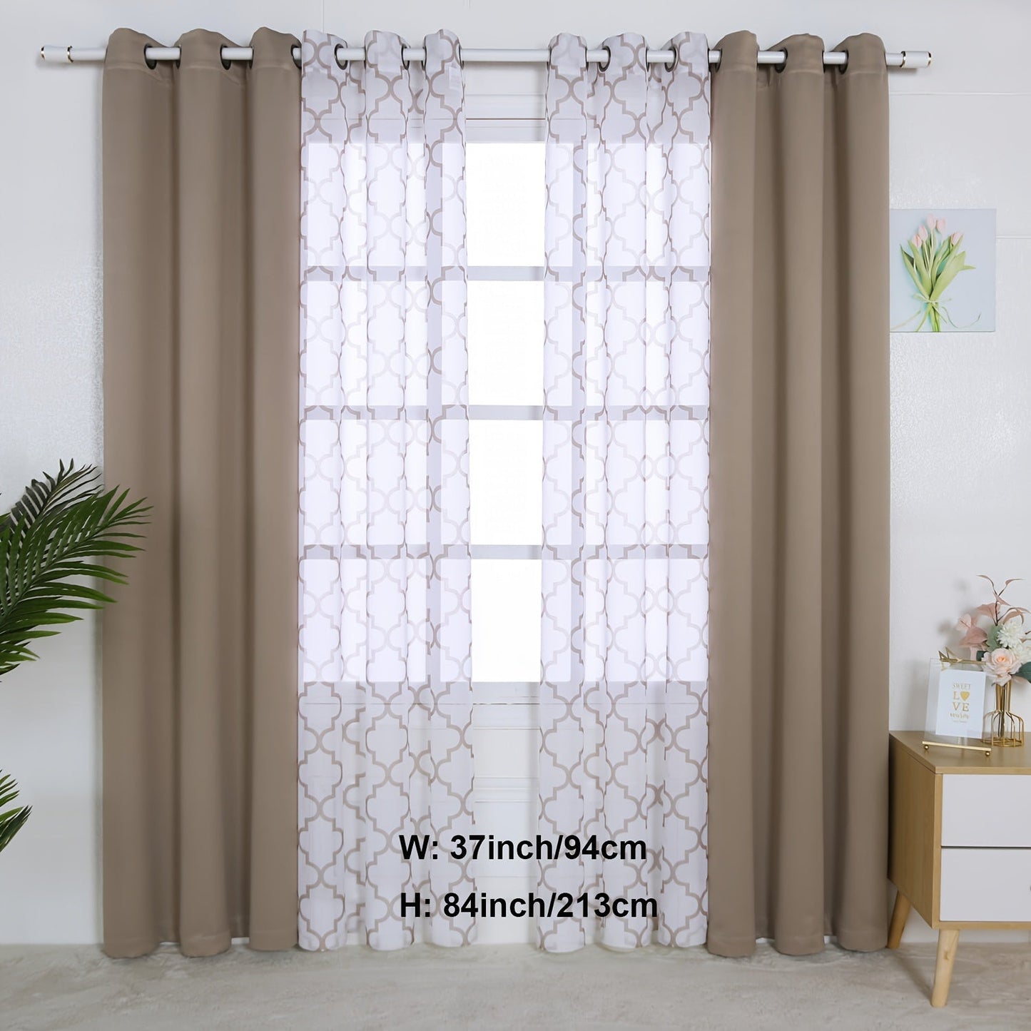 Blackout Curtains and Sheer Panels with Snowflake Pattern, Including Rods, Indoor Set of 4, Weighing 200 Grams in Total.