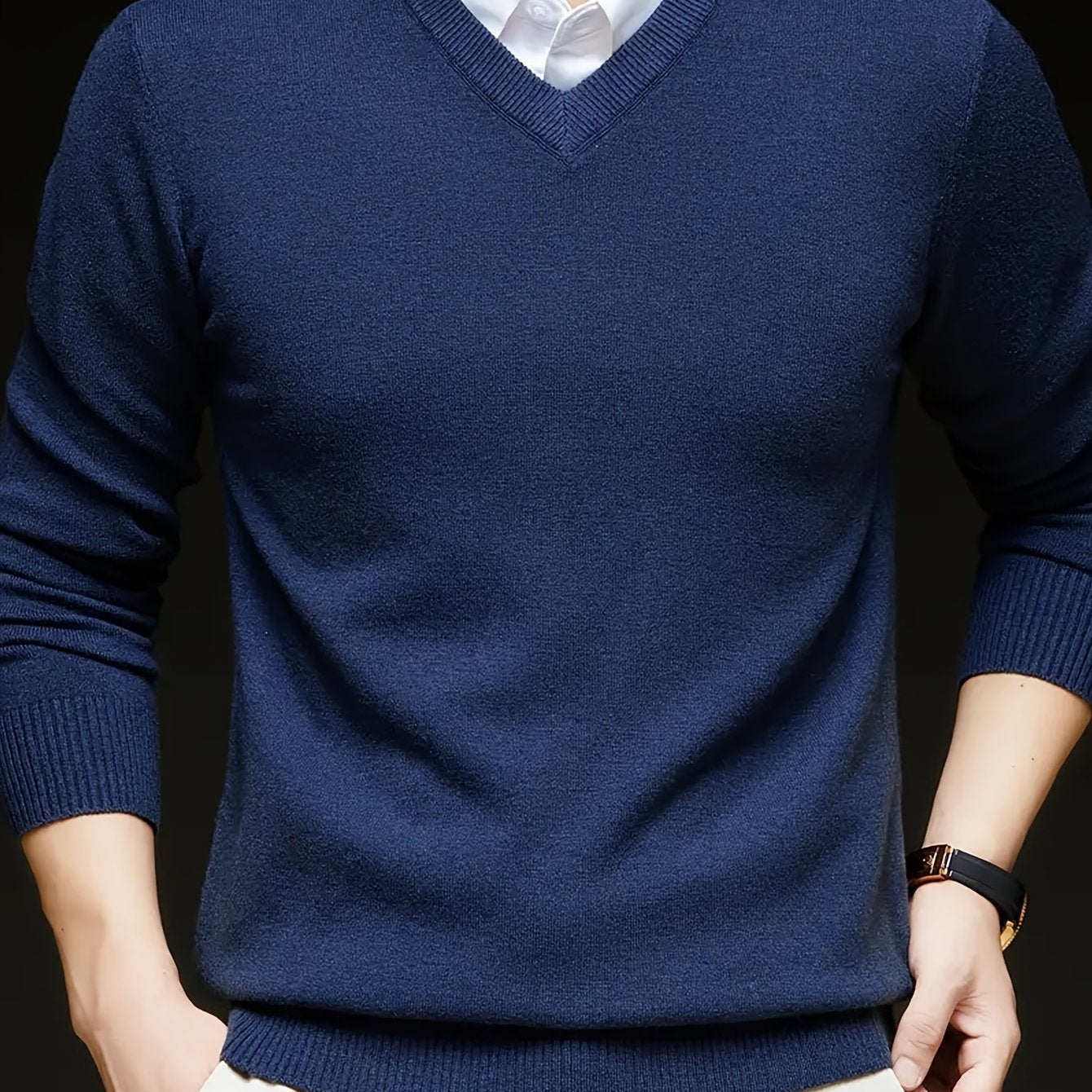 Solid color V-neck knit sweater for men, casual trendy long sleeve pullover, great as a gift.