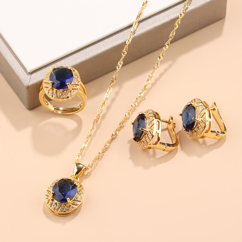 Sophisticated 4-Piece Jewelry Set - Featuring 18K Gold Plated Copper and Synthetic Zirconia Stones. Includes French-Style Necklace, Earrings, and Rings Combo perfect for Daily Wear or Weddings. Adorned with a Christmas Holiday Theme, this All-Season