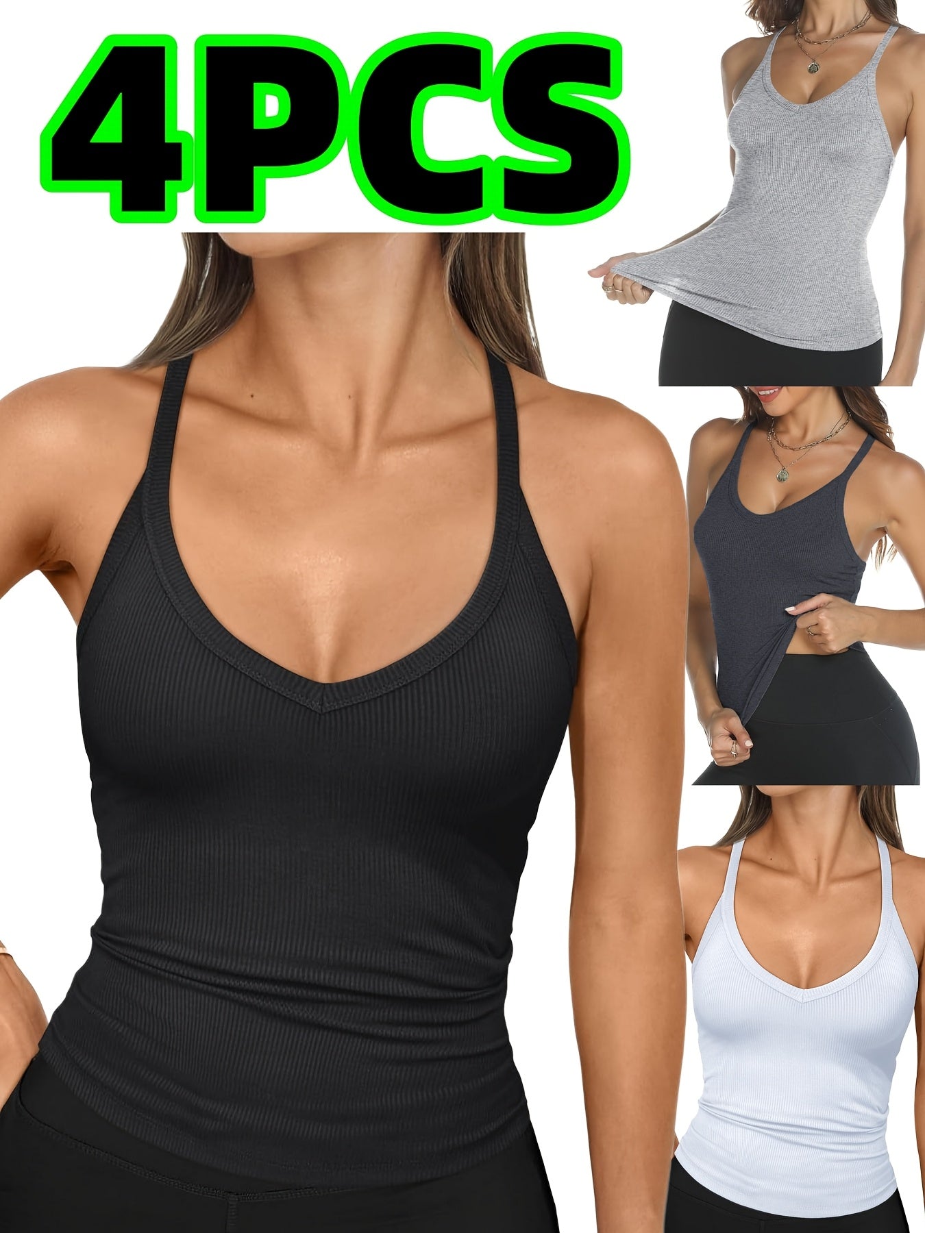 4-Pack ayollar uchun sexy kamisol tank top, 95% polyester elastik trikotaj matodan tayyorlangan. Qattiq rangli V-shaklidagi yengsiz top, nafas oladigan tor mos keladi. Ichki va tashqi kiyim, yoga uchun ideal.